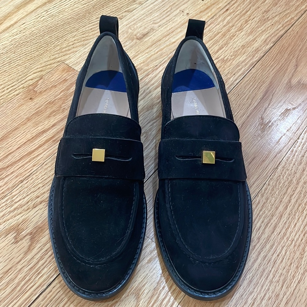 Stuart Weitzman Black Loafers with Gold Accents